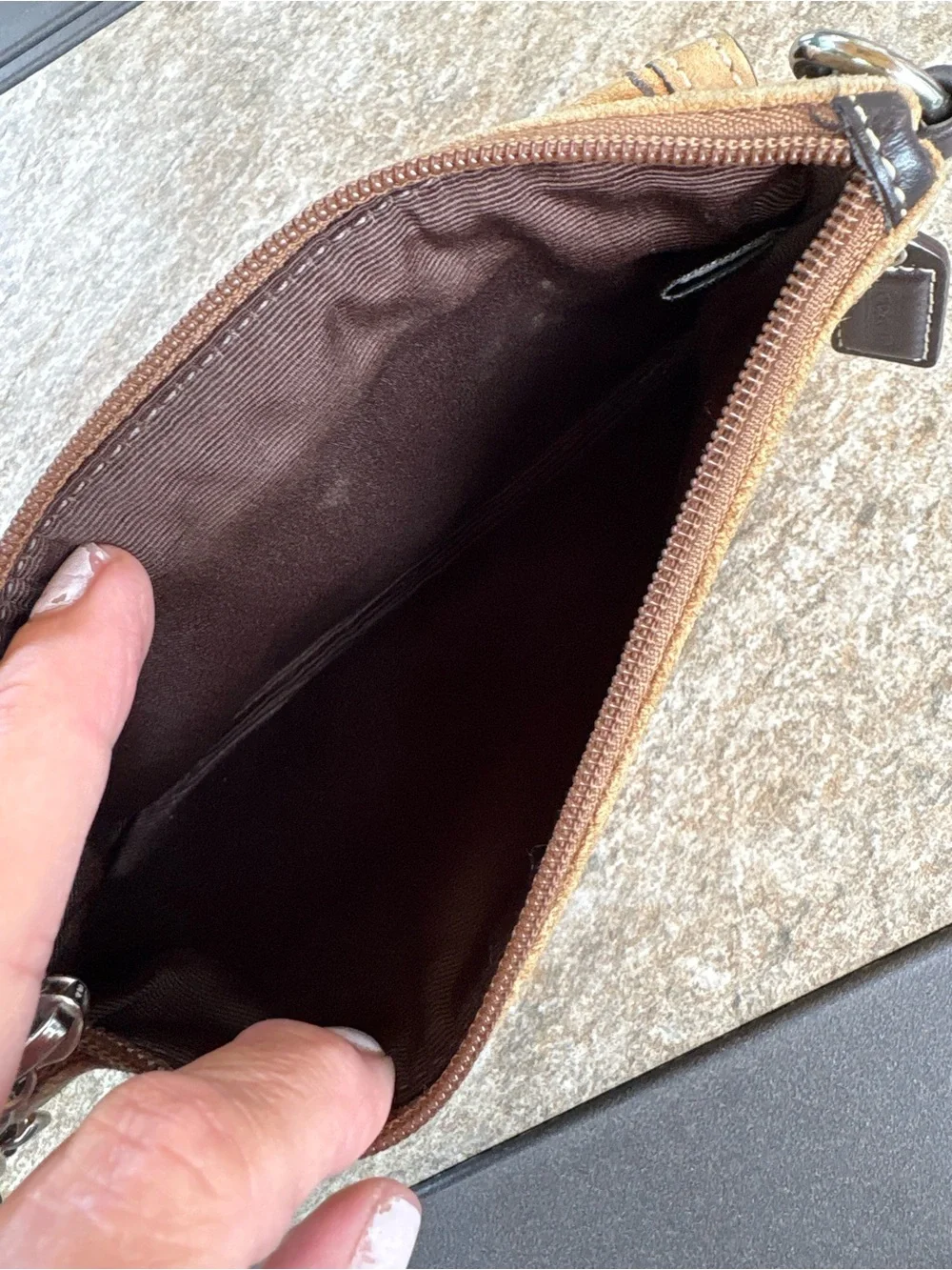 Coach Tan Suede Wristlet with Dark Brown Leather Trim